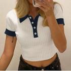 Contrast Collar Knit Cropped Polo Shirt