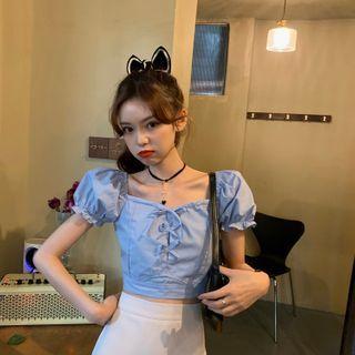 Puff-sleeve Ribbon Top Blue - One Size