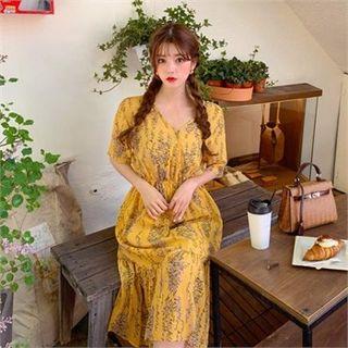 Floral Print Chiffon Dress Yellow - One Size