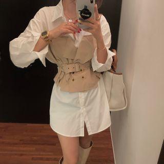 Mock Two-piece Gathered-waist Shirtdress As Shown In Figure - One Size