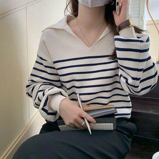 Striped Collared Knit Top Black & Off White - One Size