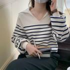Striped Collared Knit Top Black & Off White - One Size