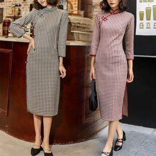 Traditional Chinese 3/4-sleeve Plaid Dress
