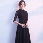 Lace Elbow-sleeve A-line Evening Gown