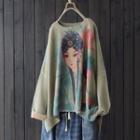 Printed Long-sleeve Knit Top Light Green - One Size
