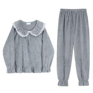 Loungewear Set : Lace Trim Peter Pan Collar Coral Fleece Top + High-waist Gathered Cuff Pants