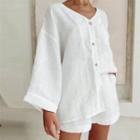 Set: Long-sleeve V-neck Blouse + Shorts