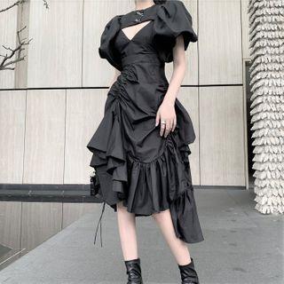 Short-sleeve Top / Spaghetti Strap Drawstring Midi A-line Dress