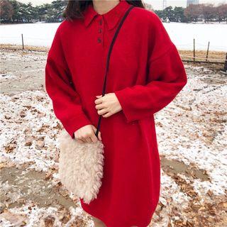 Long-sleeve Polo Shirt Dress Red - One Size
