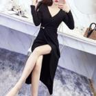 Long-sleeve Slit-front Midi Sheath Party Dress
