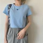 Short-sleeve Butterfly Embroidered T-shirt / Drawstring Cropped Harem Pants