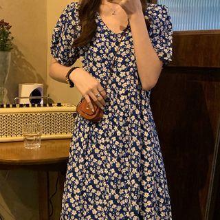 Floral Short-sleeve Midi A-line Dress Floral - Dark Blue - One Size