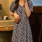 Floral Short-sleeve Midi A-line Dress Floral - Dark Blue - One Size