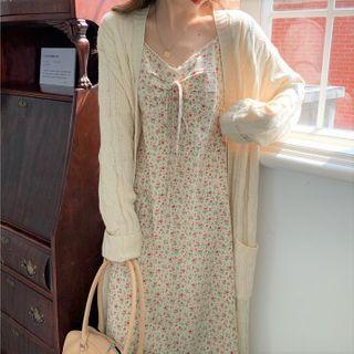 Spaghetti Strap Floral Print Midi Dress / Long Cardigan