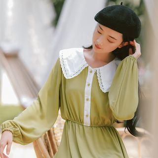 Lace Trim Peter Pan Collar Long-sleeve Dress