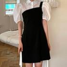 Puff-sleeve Shirt / Spaghetti Strap One-shoulder Mini Dress