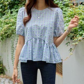 Puff-sleeve Ruffle-hem Plaid Blouse