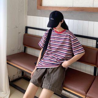 Striped Short-sleeved Top / Wide Leg Shorts