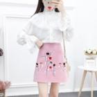 Set: Balloon-sleeve Lace Trim Blouse + Floral Embroidered A-line Skirt