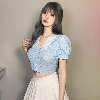 Puff-sleeve Pointelle Crop Top