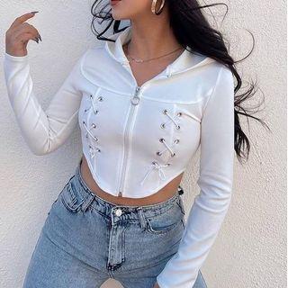 Lace-up Cropped Zip-up Hoodie