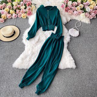 Set: Smocked Hooded Jacket + High-waist Jogger Pants
