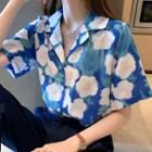 Flower Print Short-sleeve Blouse Blue - One Size