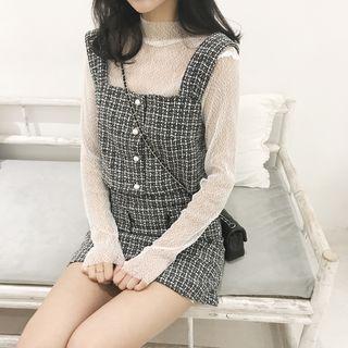Long-sleeve Mock Neck Mesh Top / Set: Sleeveless Tweed Top + A-line Tweed Skirt