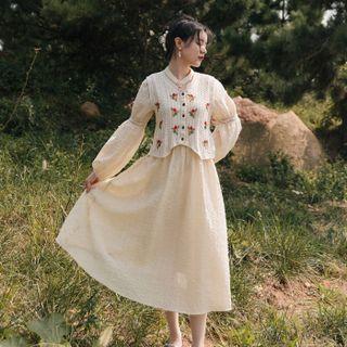 Set: Long-sleeve Midi A-line Dress + Sleeveless Floral Embroidered Button-up Knit Top