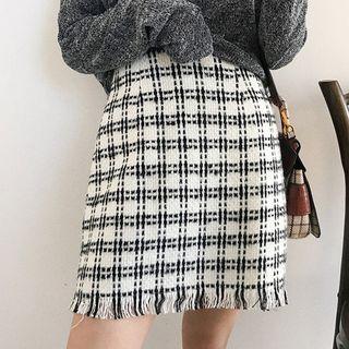 Fringed Plaid A-line Skirt