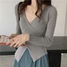 Plain Cross Strap V-neck Long-sleeve Knit Top