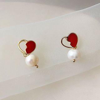Heart Faux Pearl Drop Earring 1 Pair - Gold & Red - One Size