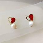 Heart Faux Pearl Drop Earring 1 Pair - Gold & Red - One Size