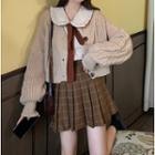 Plain Knit Cardigan / Plaid Pleated Mini Skirt