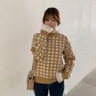 Frilled-trim Polka-dotted Knit Top Dark Beige - One Size