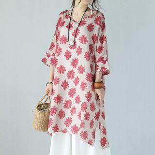 Flower Print 3/4-sleeve Shift Dress As Shown In Figure - One Size