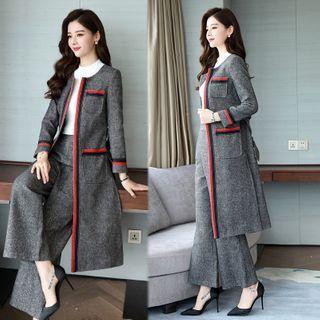 Set: Contrast Trim Coat With Sash + Wide-leg Pants