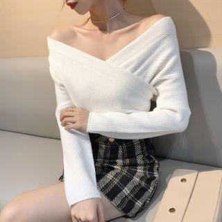 Off-shoulder Wrapped Front V-neck Knit Top