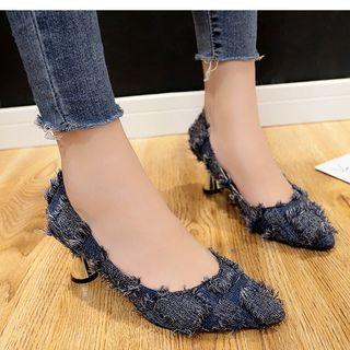 Frayed Denim Kitten Heel Pumps