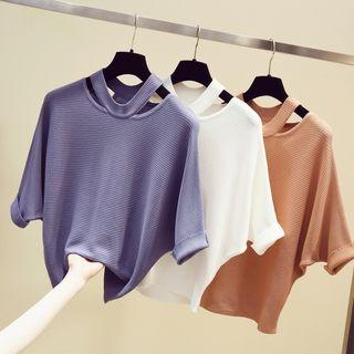 Elbow-sleeve Choker Neck Knit Top