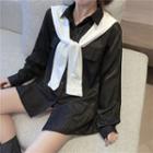 Set: Plain Long-sleeve Shirt + Knit Shawl