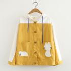 Hooded Cat Applique Buttoned Jacket