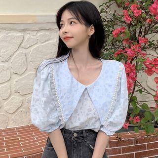 Puff-sleeve Peter Pan-collar Lace Trim Floral Blouse