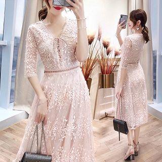 Mesh Embroidered Elbow-sleeve A-line Dress