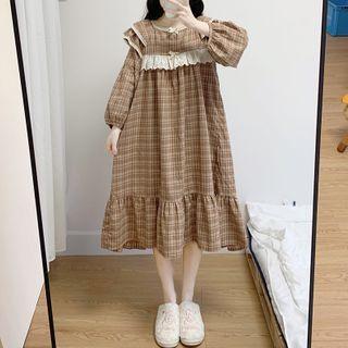 Long-sleeve Plaid Midi Sleep Dress / Sleeve Top / Lounge Pants / Set