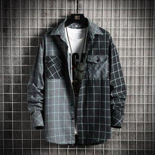 Long-sleeve Color-block Plaid Shirt