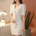 Plain Short-sleeve V-neck Mini Sheath Dress