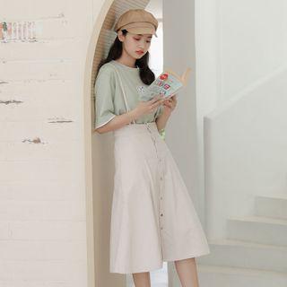 High-waist Plain Button-up A-line Dress