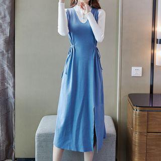 Set: Long-sleeve Mock-neck Knit Top + Midi Pinafore Dress