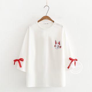 3/4-sleeve Fox Print Bow-accent T-shirt